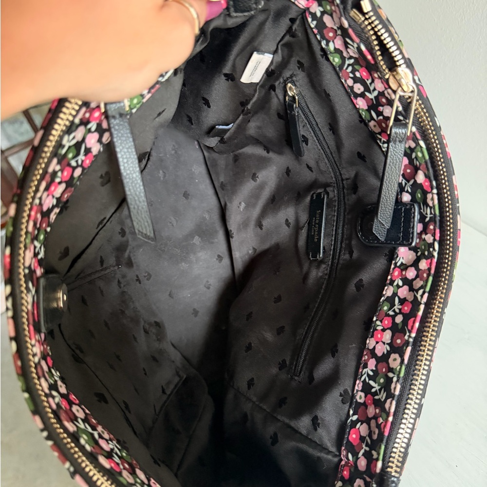 kate spade Black Floral Tote with Pink and White Blossoms and Green Leaves - Picture 6 of 14